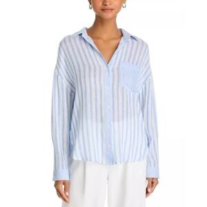 Bella Dahl Women Pastel Blue Striped Linen Boyfriend Button Down Shirt Size M